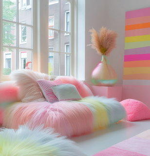 Pastel room with a fluffy rainbow daybed by tall windows, pampas grass in a pink vase, and striped wall art