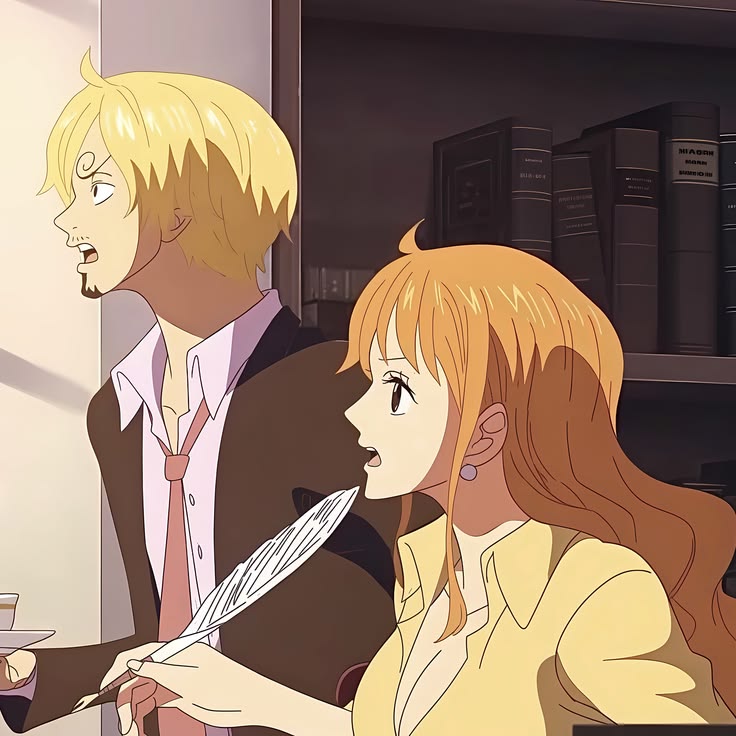 Anime characters Sanji and Nami looking surprised indoors near a bookshelf