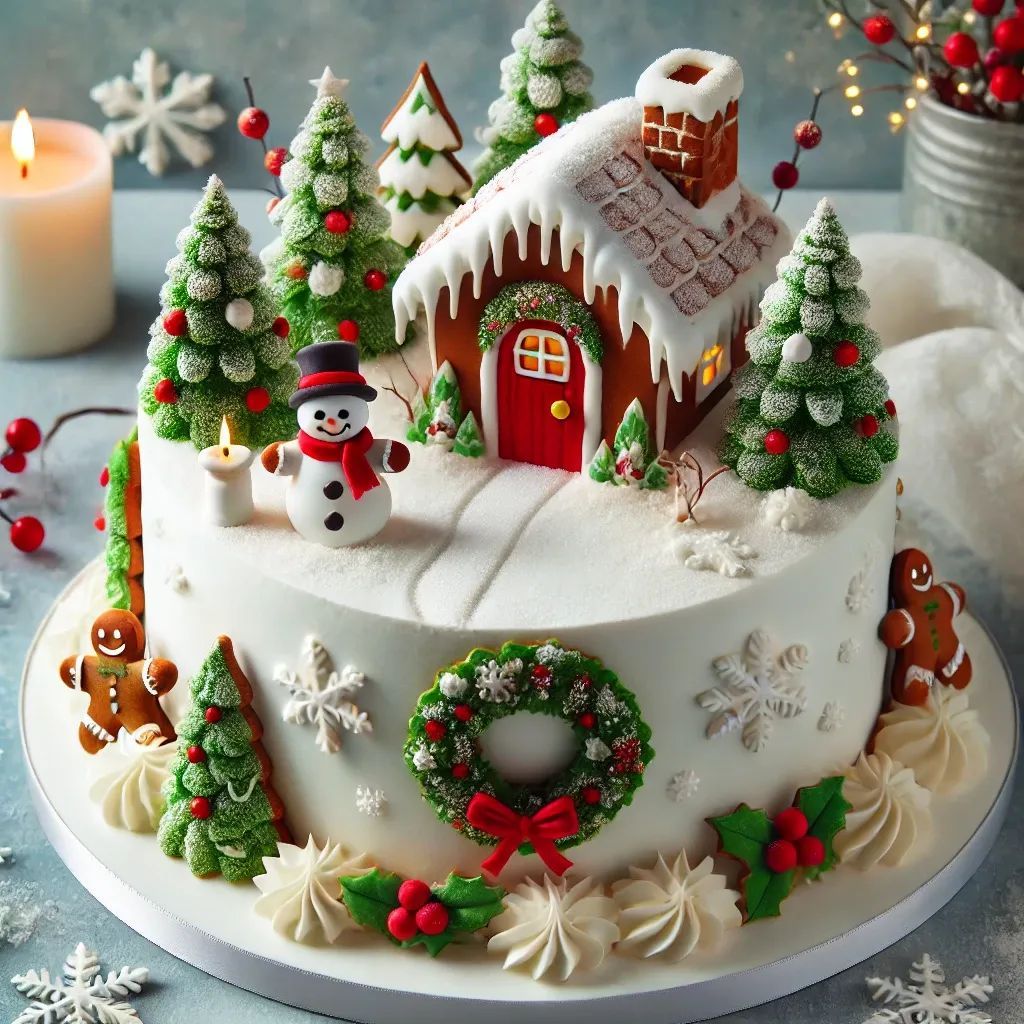 Christmas cake with a snowy cottage, trees, wreath, snowflakes, and snowman decorations