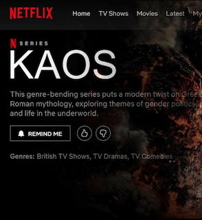 Netflix KAOS series promotional screen with fiery background and show description about Greek Roman mythology