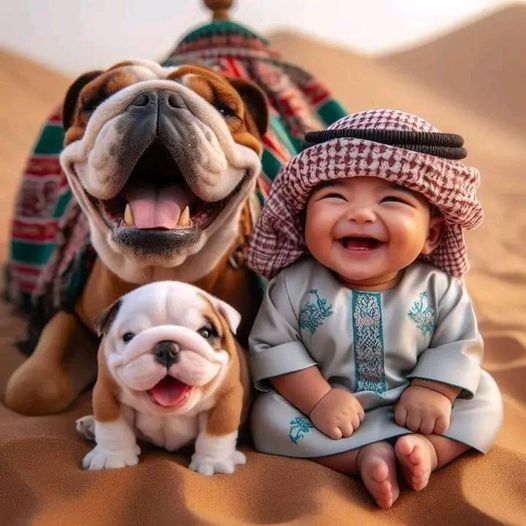 Smiling baby in traditional dress with two English bulldogs