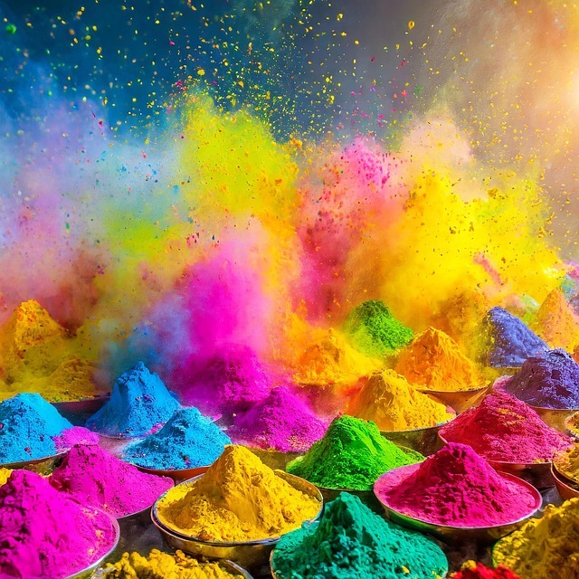 Colorful Holi powder exploding above cone-shaped mounds of vibrant pigments in rainbow colors