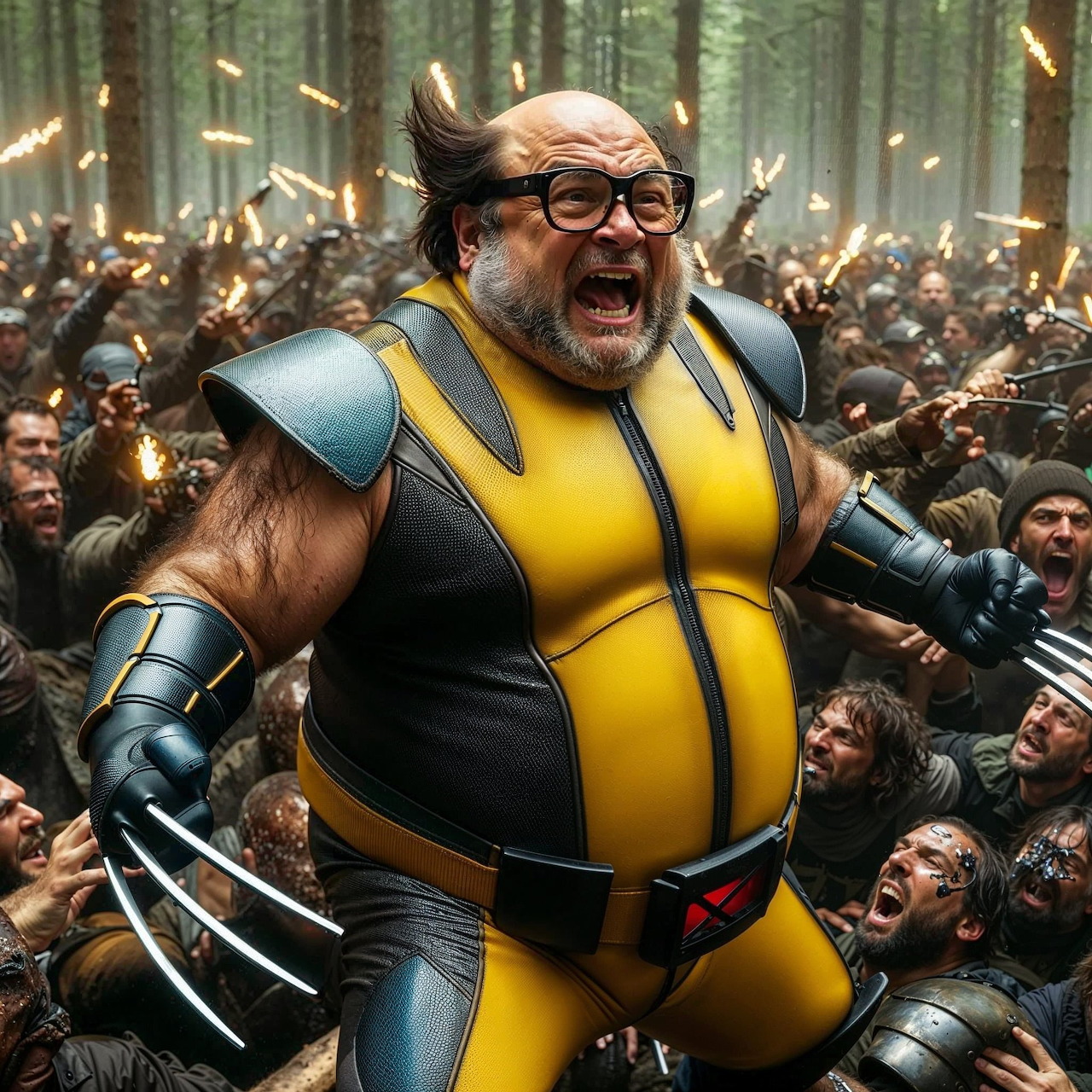 Man in Wolverine costume with claws and glasses smiling in forest with crowd
