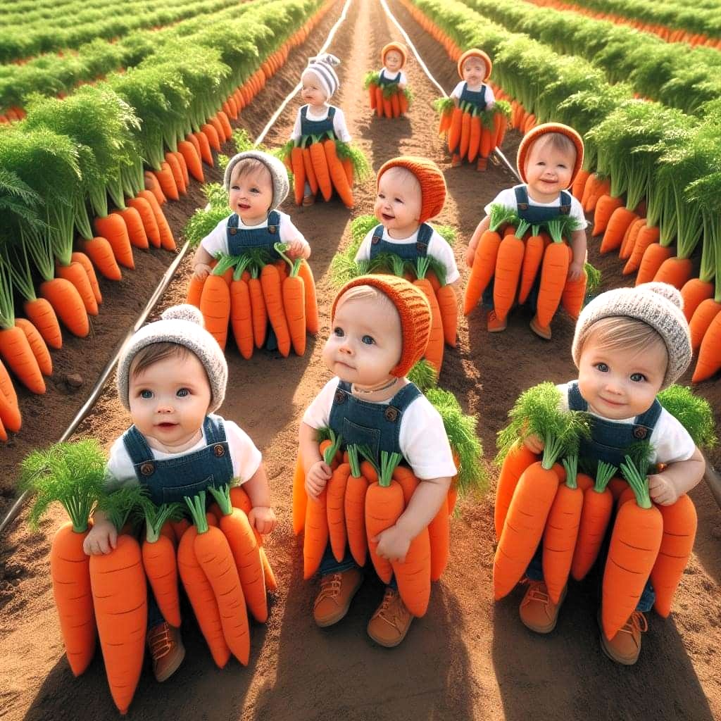 Babies in orange carrot costumes standing in green farm rows