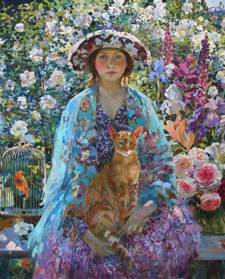 Painting of a young woman seated with a ginger cat amid lush flowers and a birdcage