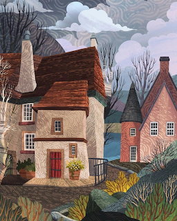 Illustrated village scene with cottages, trees, and water under cloudy sky
