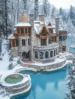Aerial view of luxury stone mansion with turquoise pool in snowy winter forest