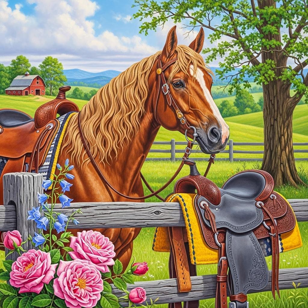 Chestnut horse with saddle standing by white fence in sunny countryside with red barn and pink roses