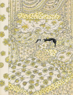 Detailed pen and ink cat drawing with ornate patterns and yellow flowers by Edward Gorey