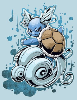 Cartoon illustration of Wartortle Pokemon with blue body, brown shell, and decorative swirls on light blue background