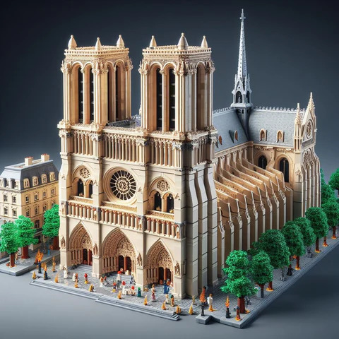 Lego model of Notre Dame Cathedral with twin towers, spire and rose window
