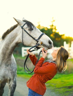 Woman Kissing Gray Horse