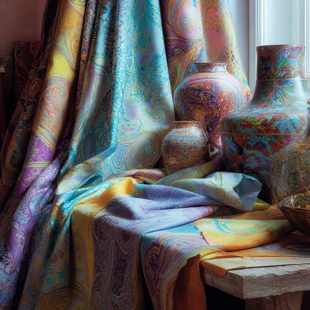Pastel paisley fabrics draped beside decorative ceramic vases in a softly lit still life