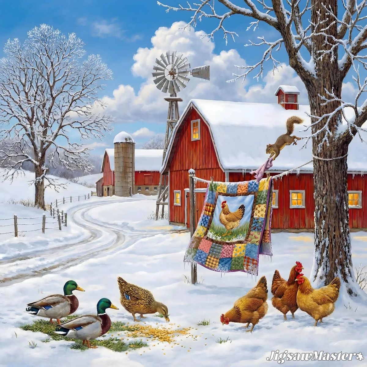 Winter farm with red barn, windmill, quilt on clothesline, chickens and ducks in snow