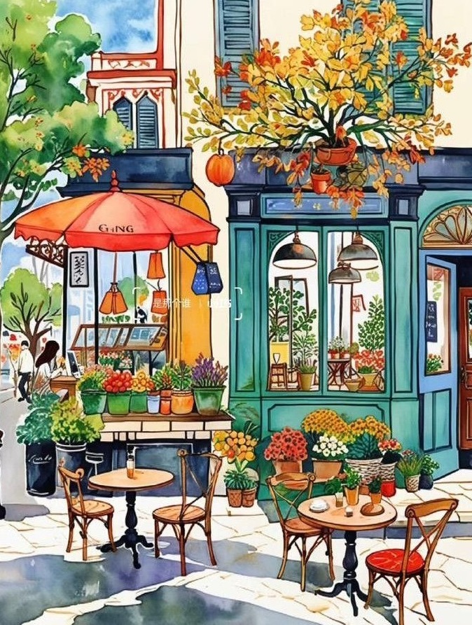 Watercolor illustration of a cozy café terrace with outdoor chairs, red umbrella, and flower-filled storefront