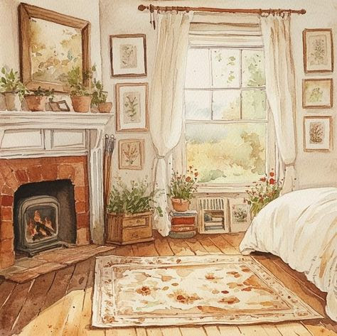 Traditional cottage house with garden in a warm countryside scene