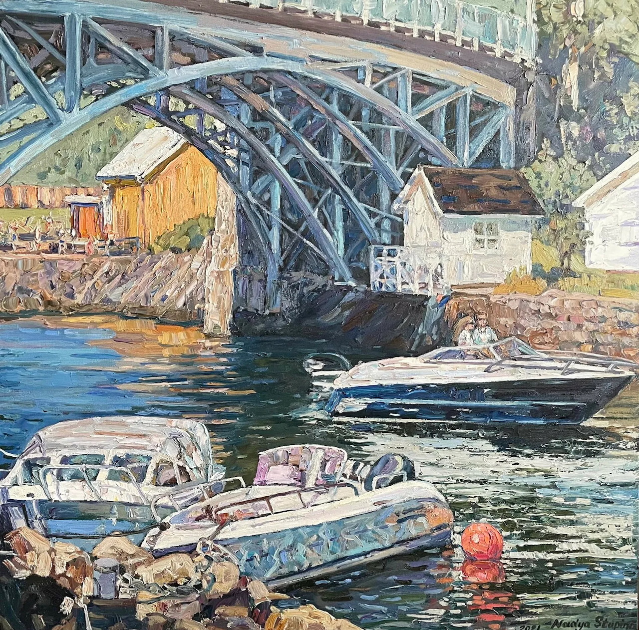 Impressionist painting showing boats moored under a blue metal bridge with yellow buildings and rocky coastline