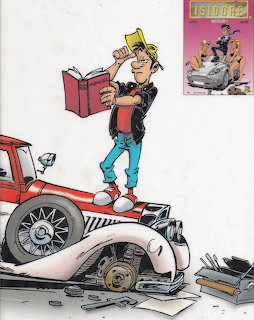 Cartoon cowboy in yellow hat reading comic book, standing on old car in messy garage
