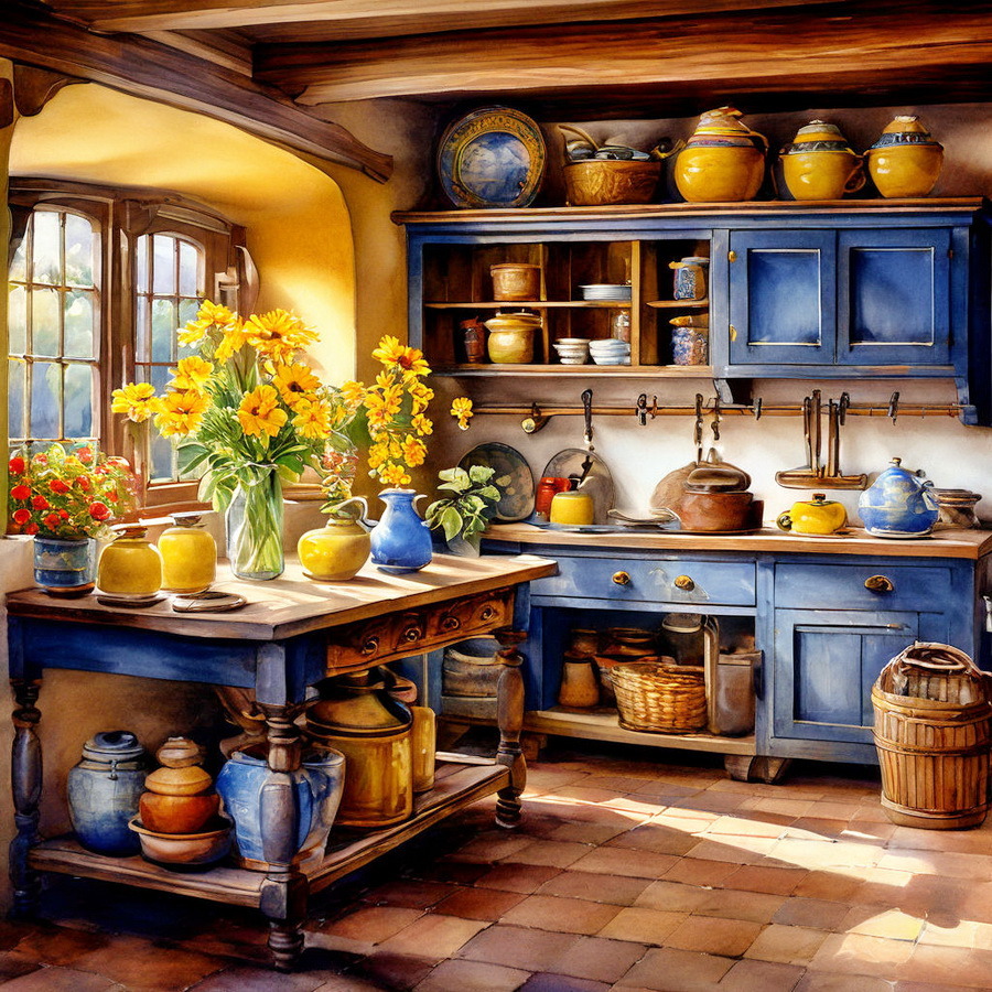 Cozy rustic kitchen with blue cabinets, pottery shelves, copper pots, sunflowers, and terracotta floor in warm sunlight