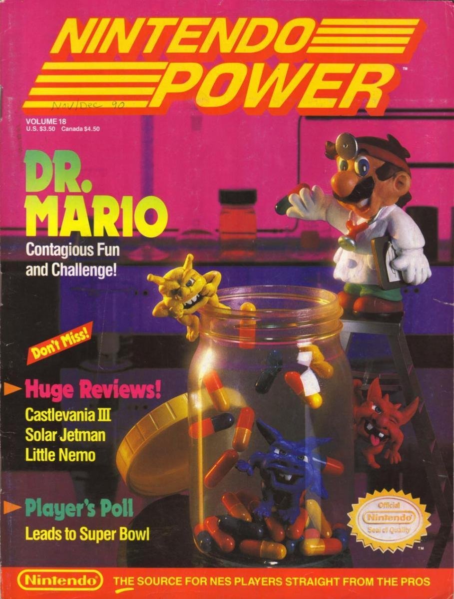 Nintendo Power Issue 18 magazine cover featuring Dr. Mario character in lab coat with colorful virus figures