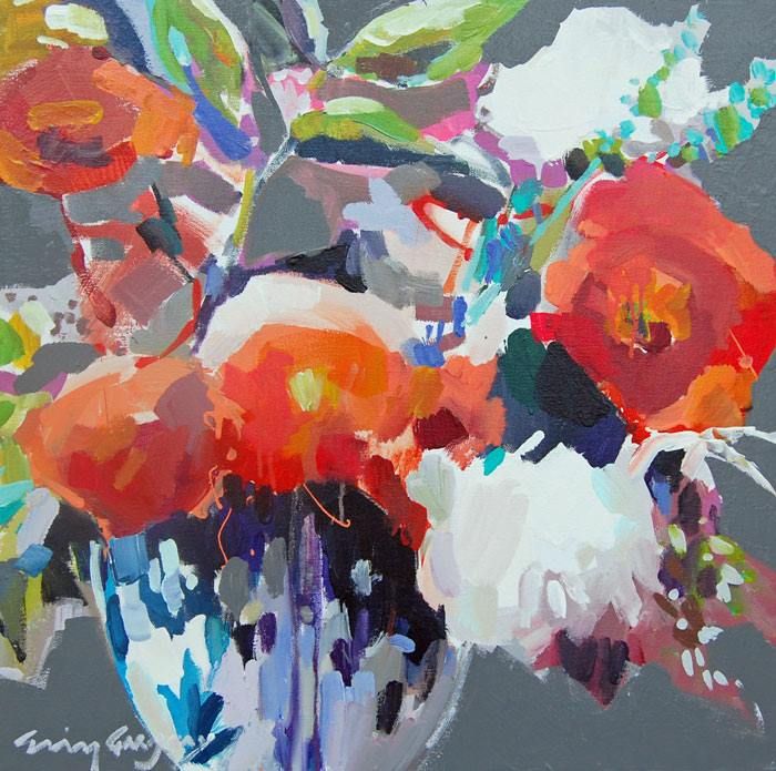 Abstract painting of bright flowers in vase with expressive brushstrokes in orange, red, white and green