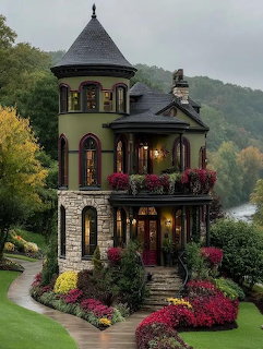 Victorian castle mansion with turret, balconies, lit windows, and lush flower gardens at dusk