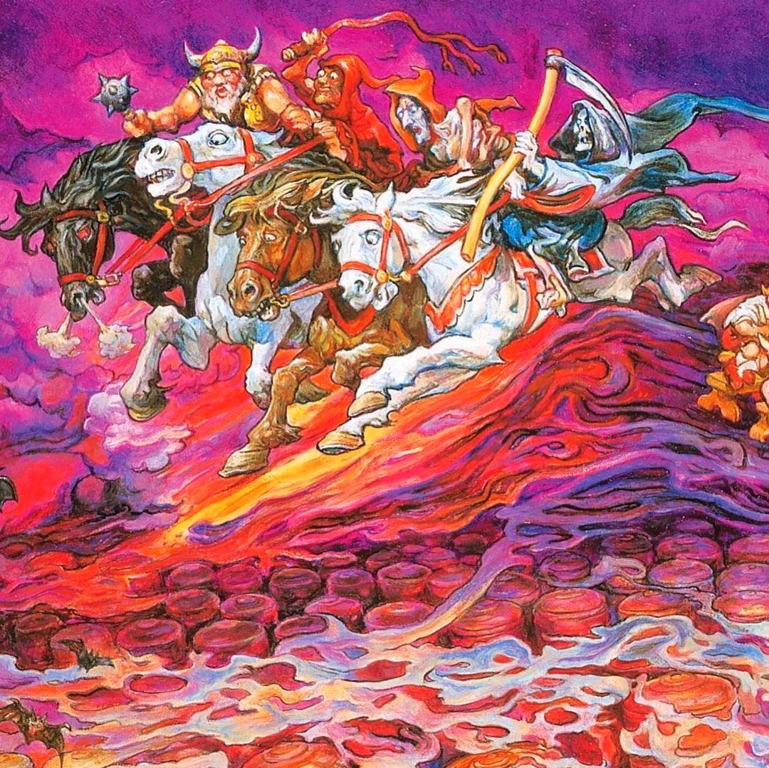 Four horsemen in fantasy armor riding white horses through pink and purple clouds above a swirling multicolored landscape