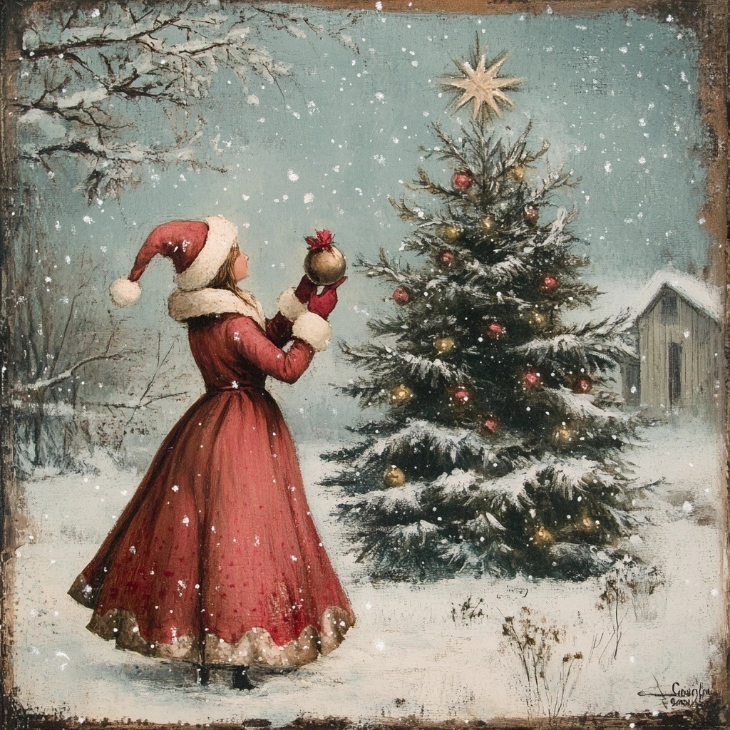Woman in red Victorian dress decorating Christmas tree in snowy vintage scene