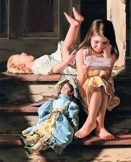Painting of two girls on porch steps, one reading a letter, with a doll in a blue dress nearby