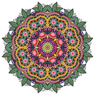 Colorful circular floral mandala with green leaves on a white background