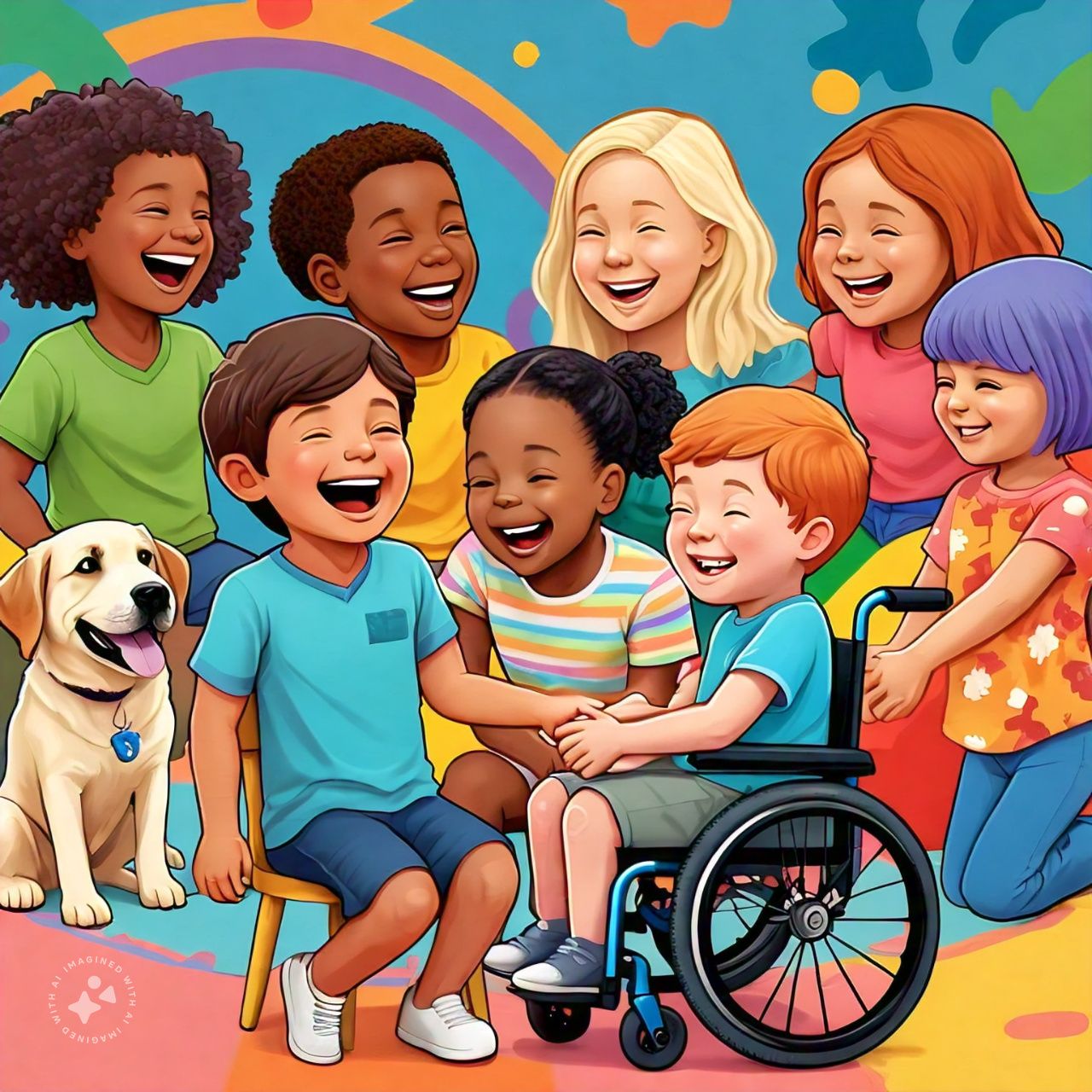 Group of happy diverse children, one in wheelchair, with dog under rainbow