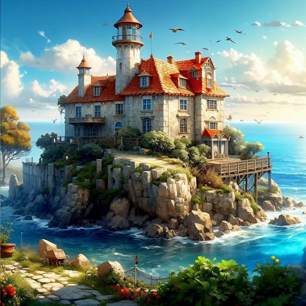 Castle-like house on a rocky island surrounded by blue ocean under a sunny sky