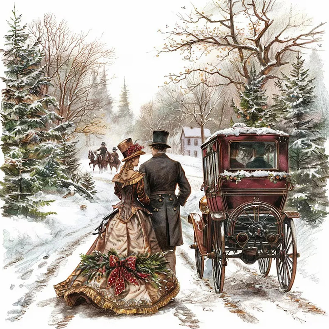 Victorian couple walking beside a horse-drawn carriage on a snowy road