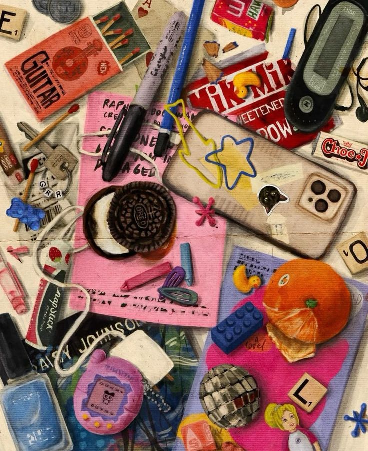 Illustrated flat lay of everyday items including Oreo cookie, smartphone, Lego bricks, nail polish, and candy