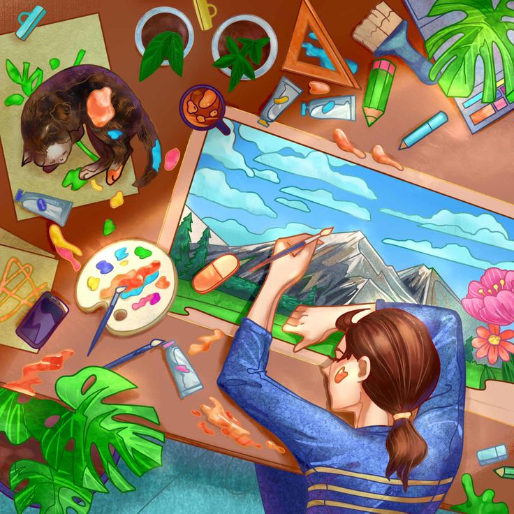 Illustration of a woman painting a mountain scene at a desk with art supplies, plants, and drawings