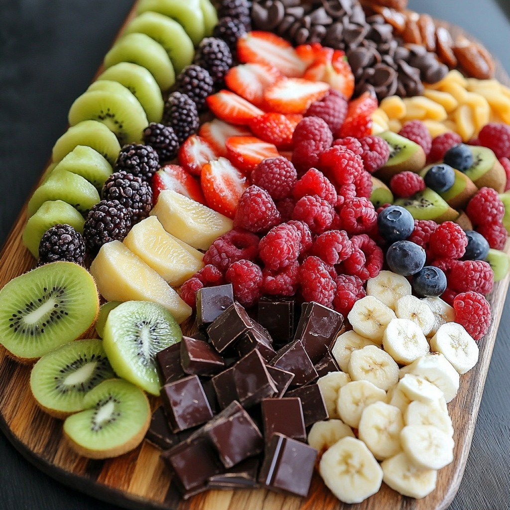Fruit platter with strawberries, raspberries, blueberries, kiwi, banana, grapes, chocolate, and nuts on wooden board