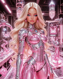Woman in shiny pink spacesuit inside futuristic lab with purple neon lights and scientific equipment