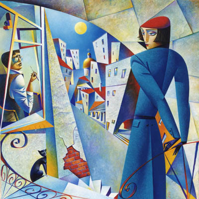 Cubist painting of a woman in blue coat beside a moonlit city, black cat nearby, figure visible in window