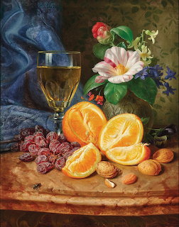 Oil painting of oranges, grapes, wine glass and flowers in vase on table with blue fabric drape
