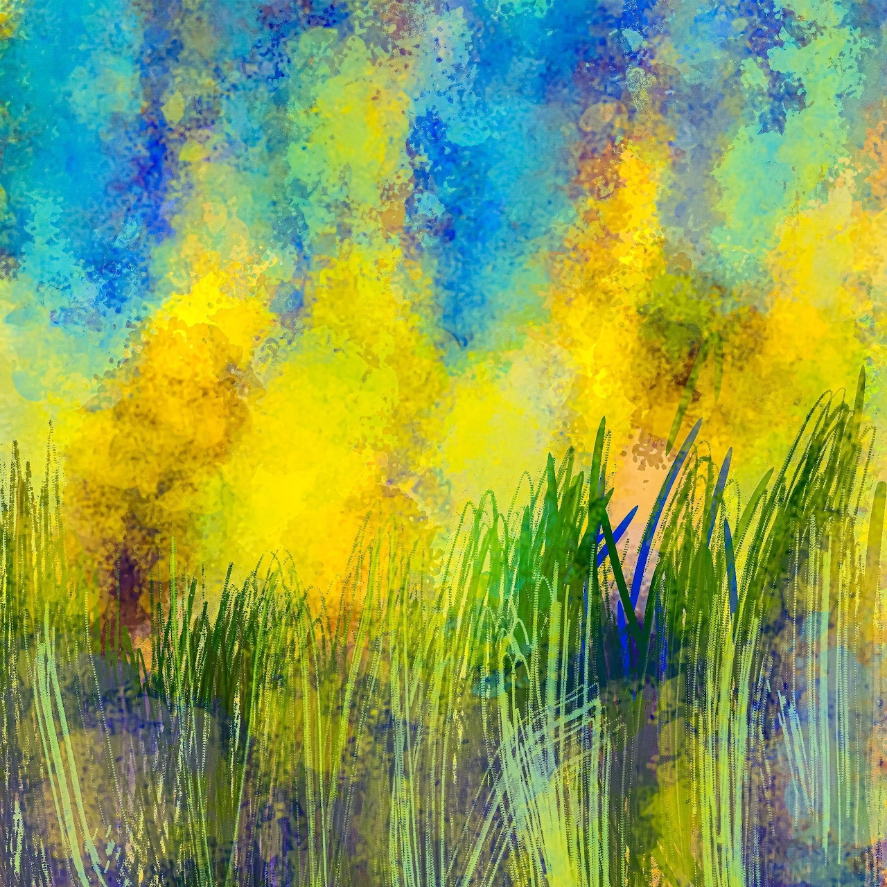 Abstract painting of green marsh grasses with yellow and blue sky background