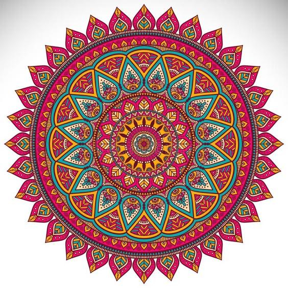 Colorful symmetrical mandala with intricate geometric patterns and floral motifs in red, orange, and turquoise