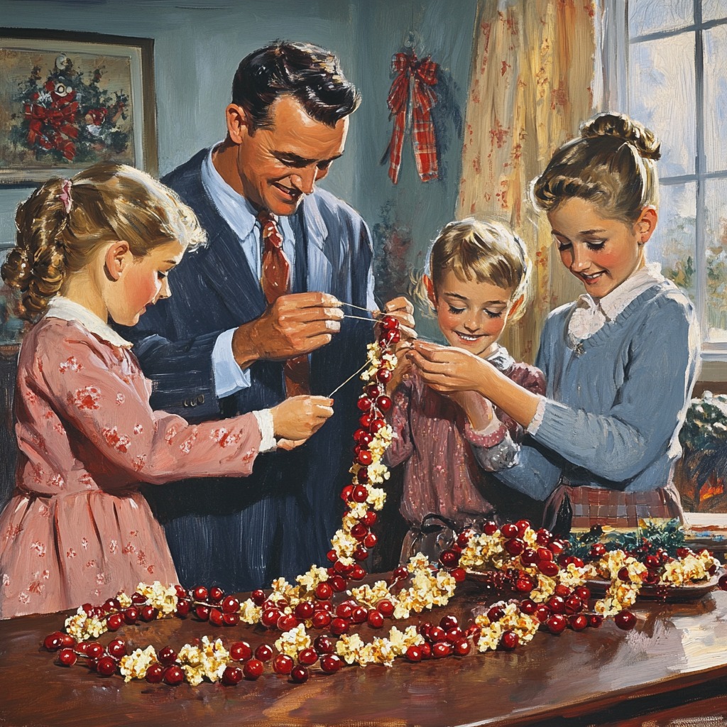 Father and three children making popcorn garland together at table in vintage illustration