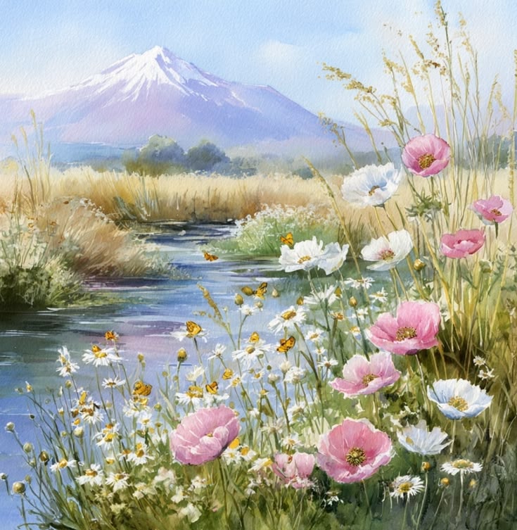 Watercolor painting of wildflowers by a marshy stream with a snow-capped mountain in the distance