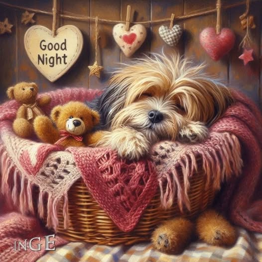 Shaggy dog sleeping in a wicker basket with pink blanket, teddy bears, and heart ornaments