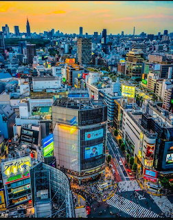 Elevated view of central Tokyo with crowded buildings, streets, billboards, and a large crosswalk at sunset