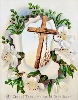 Vintage illustration of a wooden cross with crown of thorns surrounded by white lilies and green leaves