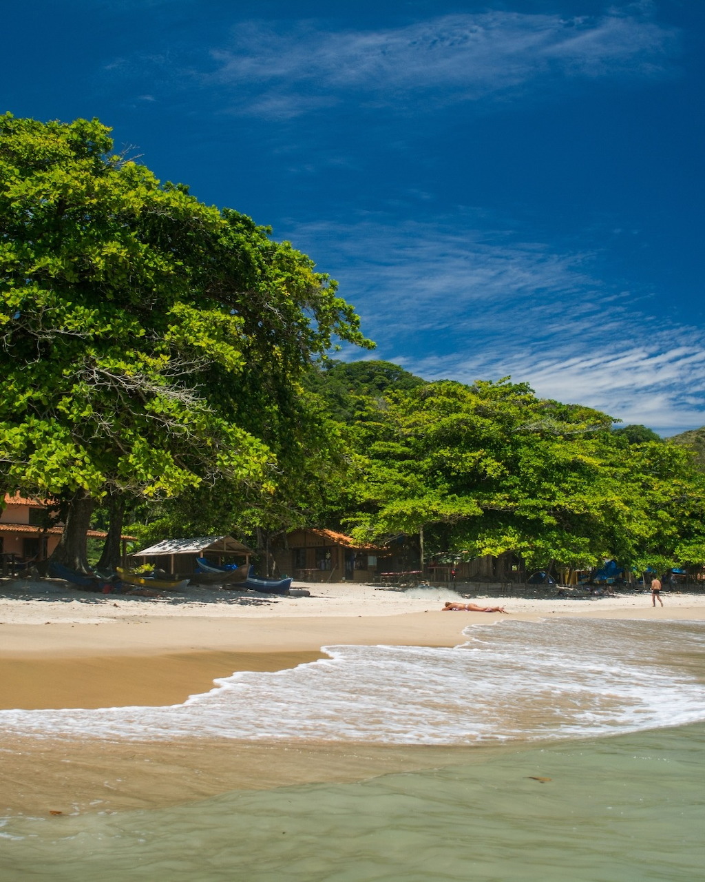 Tropical beach with golden sand, turquoise waves, dense green trees, and a small hut under a bright blue sky.