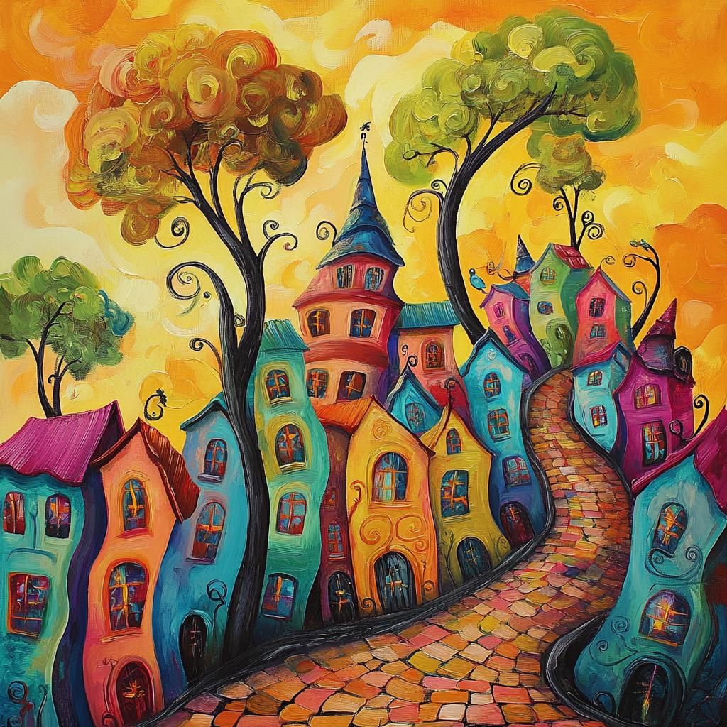 Whimsical painted village with curved colorful houses and swirling trees along a winding cobblestone road