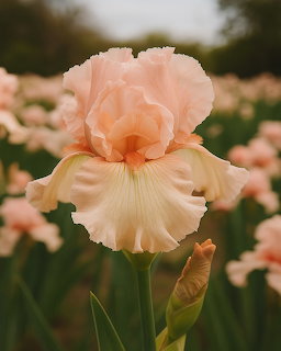 Close-up of a pale pink bearded iris flower with ruffled petals in a garden