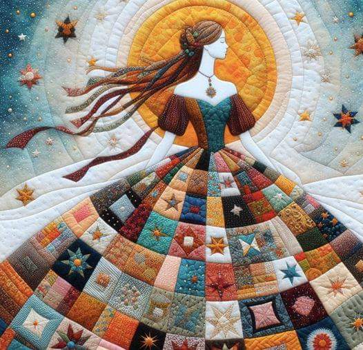 Woman in profile with flowing hair and patchwork quilt dress against golden circular background